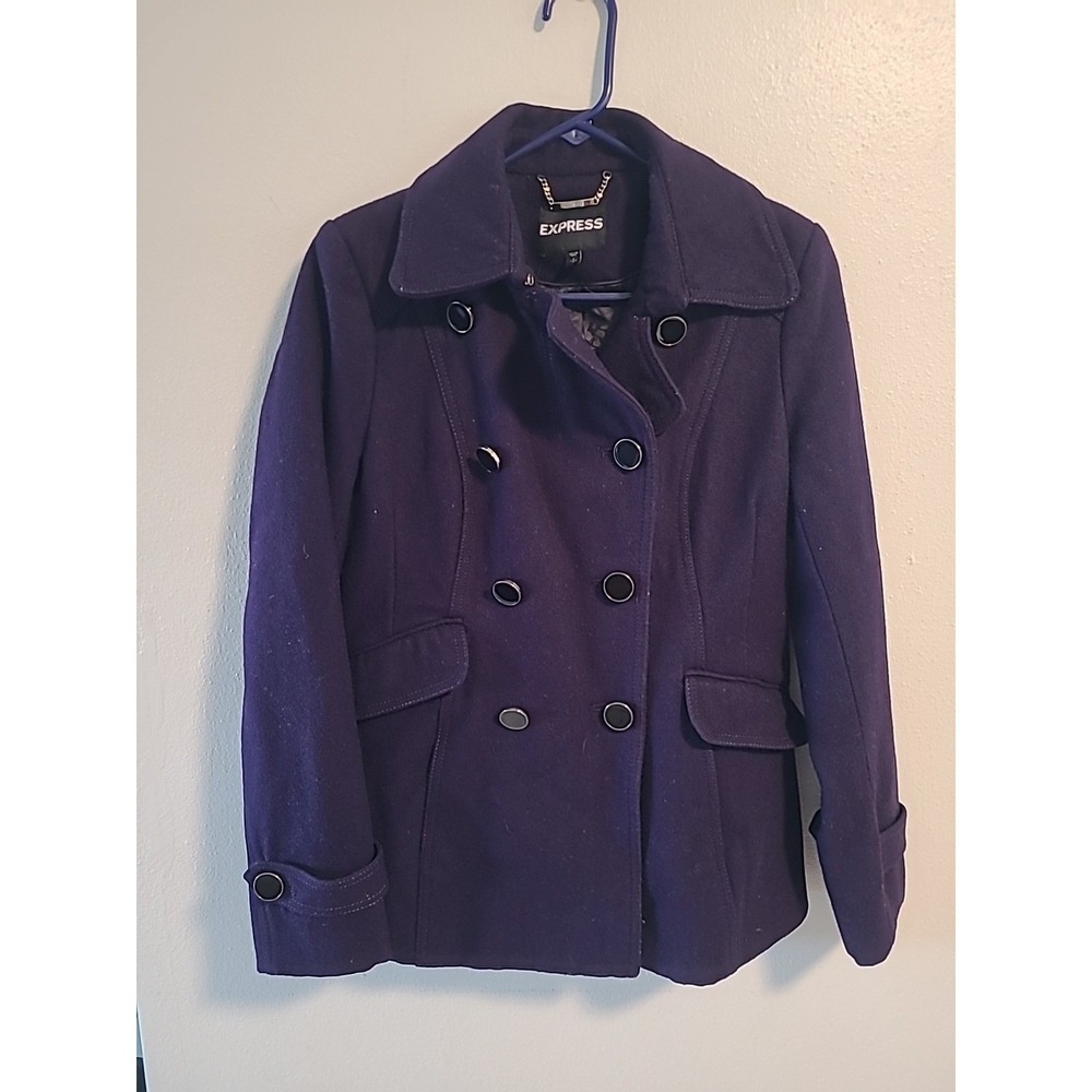 Express Womens Peacoat‎ Plum Purple Small Double Black Buttons Pockets Coat